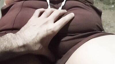 Big Tits flaunts her tits and drinks her own pee in public for neighbors to see