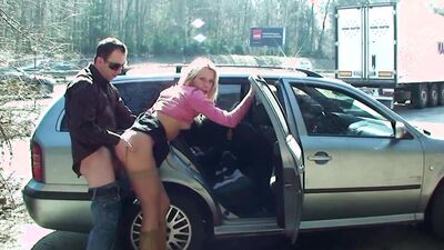 Blonde MILF gets a hot outdoor fuck and a sticky creampie at the rest stop