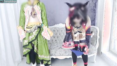 Angel in a cosplay group sex with two partners, taking it hard from behind