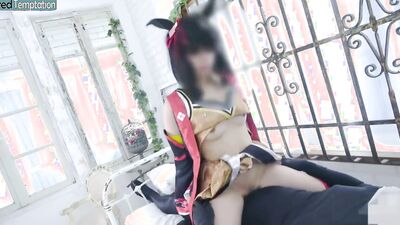 Angel in a cosplay group sex with two partners, taking it hard from behind