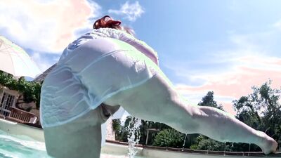 Red XXX feeling horny outside by the pool
