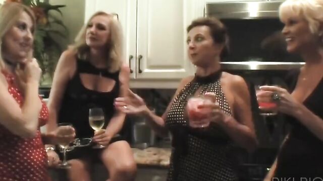 Four slutty mature ladies are happy to share one hard cock