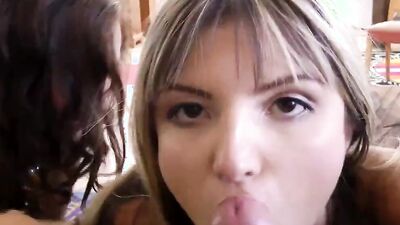 Brunette and blonde are kissing and sharing that hard cock