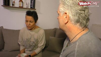 Short-haired mature woman sucks neighbor's dick and rides it