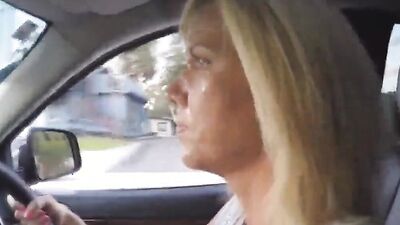 Blonde MILF sucks a cock and gets facialized in the woods
