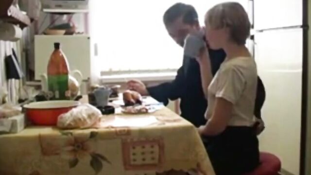 Naughty wife with perky tits fucked hard in the kitchen