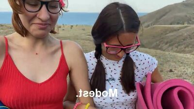 Two nerdy babes and two hikers are having 4some sex in nature