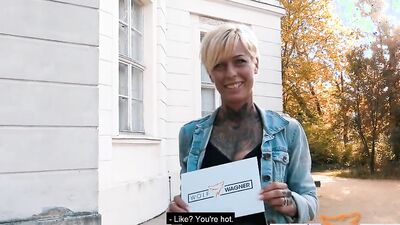 Tattooed blonde MILF is fucking with a stranger for some cash