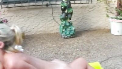 Blonde sucks a dick and squeezes tits while poolboy fucks her