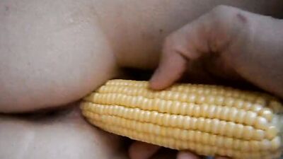 Cougar enjoys while partner pushes a corn up her pussy