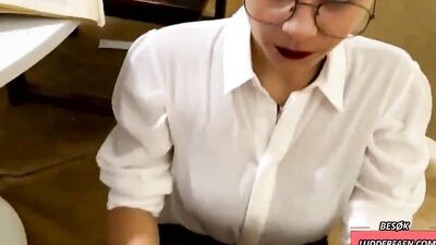 Bookworm sucks professor's pecker and gives him some wet pussy