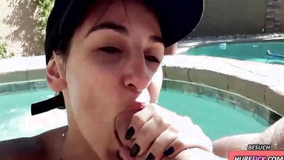 Sweet girl Danika Mori sucks a big hard cock by the pool