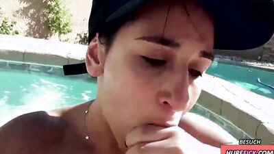 Sweet girl Danika Mori sucks a big hard cock by the pool
