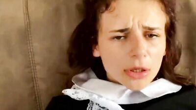 Charming schoolgirl rubs her pussy while being fucked in the ass