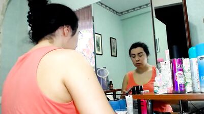 Curves milf in front of mirror gets ready to make porn video!