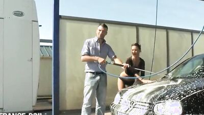 Depraved cougar is having sex with a stranger at a car wash