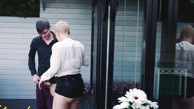 Short-haired blonde MILF gets cock up the ass outside