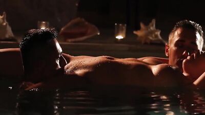Two horny fellows are fucking an amazing blonde in the pool