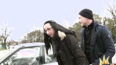 Nerdy brunette sucks a big cock and gets fucked in the woods