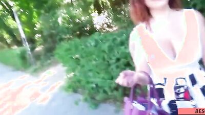 Nerdy MILF blows two guys and gets double dicked in the open air