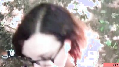 Nerdy MILF blows two guys and gets double dicked in the open air