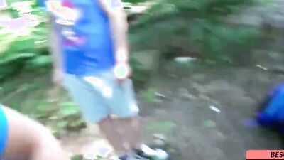 Nerdy MILF blows two guys and gets double dicked in the open air
