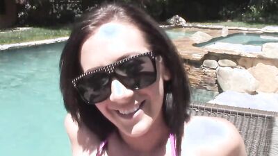 Babe cock-teases pool boy and enjoys his big hard cock
