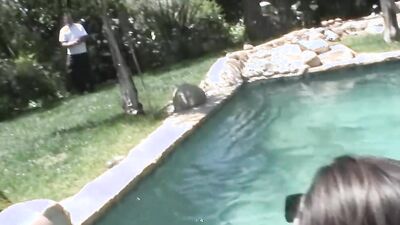 Babe cock-teases pool boy and enjoys his big hard cock