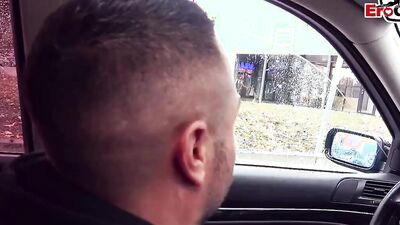 Naughty cougar blows a guy and gets fucked in the car