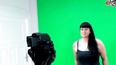Chubby brunette MILF sucks a cock and gets fucked at casting