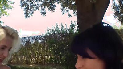 Astonishing blonde and brunette are making out at the picnic