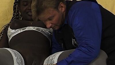 Chubby black girl is groped and stimulated with a dildo by a white guy