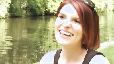 Redhead MILF talks about herself at this outdoor porn interview