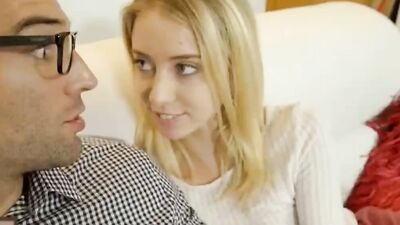 Horny nerdy guy fucks his petite stepsister behind mommy's back