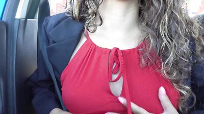 Astonishing cougar talks dirty while fleshing those lovely tits in the car