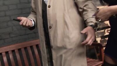 Busty brunette cop fucking with a horny guy on the bench