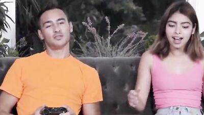 The guy caresses the dick and dildo pussy of slender girls in the bedroom