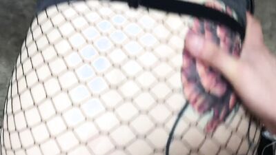 Fishnet mature gets her pinky hole filled with a hard wood