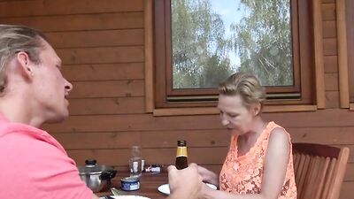 Horny amateur couple is having sex inside the wood cabin