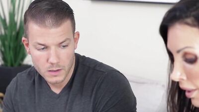 Slutty MILF teases stepson and plays with his hard cock