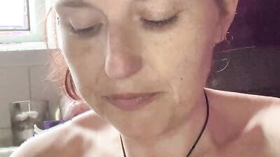 Hot housewife plays with her boobs pubes pits and bits before a POV piss
