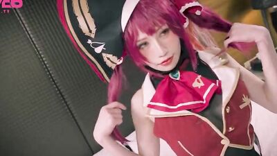 Cosplay web star with huge boobs cheating with her fans in the hotel