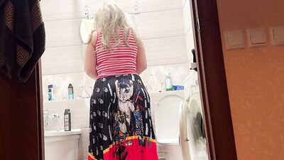 The stepmom's wide ass spread apart when they had anal sex with her in the bathroom