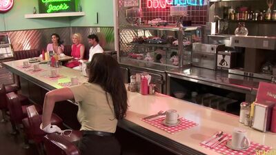 Waitress is having threesome sex with a chef and a busty customer