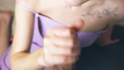 Blonde in a dress jerks off her stepbrother